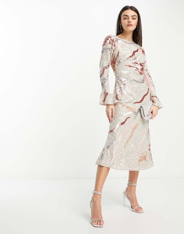 ASOS DESIGN embellished all over sequin midi dress with flared sleeves in neutral wave print