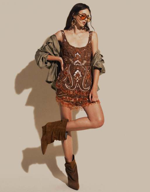 ASOS DESIGN embellished all over structured mini dress in brown, 2 of 7