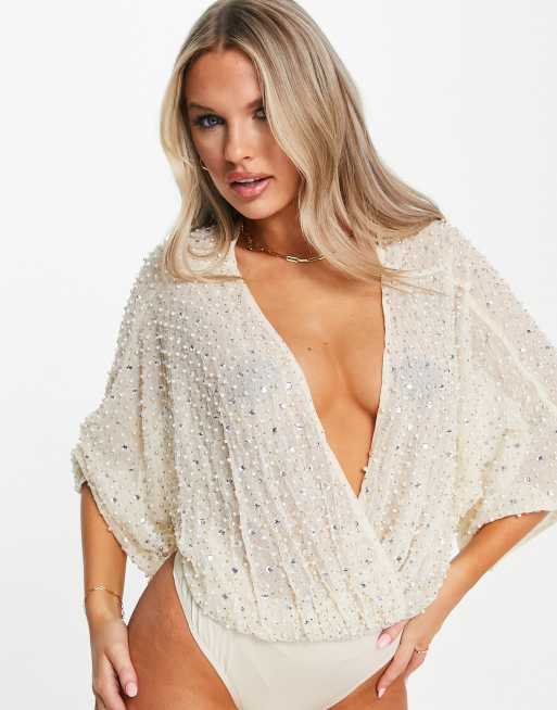 ASOS DESIGN embellished angel sleeve bodysuit in pearl ASOS