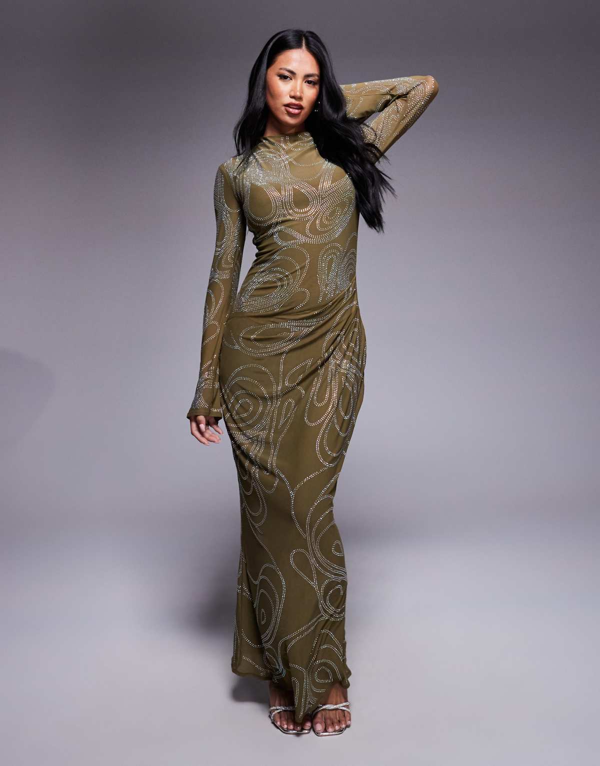 ASOS DESIGN embellished artwork hotfix long sleeve maxi dress with ruched skirt in dark olive green