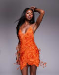 [ASOS DESIGN] ASOS DESIGN embellished asymmetric mini dress with tie straps in bright orange 16 Bright Orange