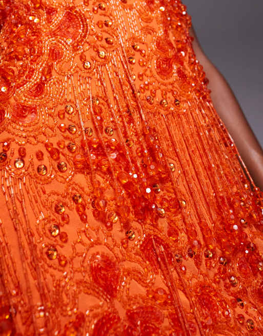 ASOS DESIGN embellished asymmetric mini with tie straps in bright orange