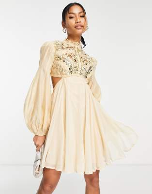 ASOS DESIGN embellished balloon sleeve mini dress with diamante cage cut out detail in beige-Neutral