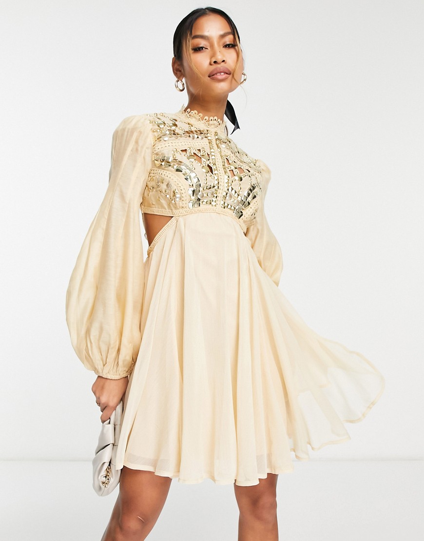 Asos Design Embellished Balloon Sleeve Mini Dress With Diamante Cage Cut Out Detail In Beige-neutral