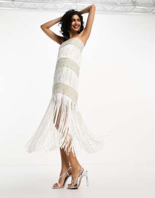 ASOS DESIGN embellished bandeau fringed midi dress in ivory