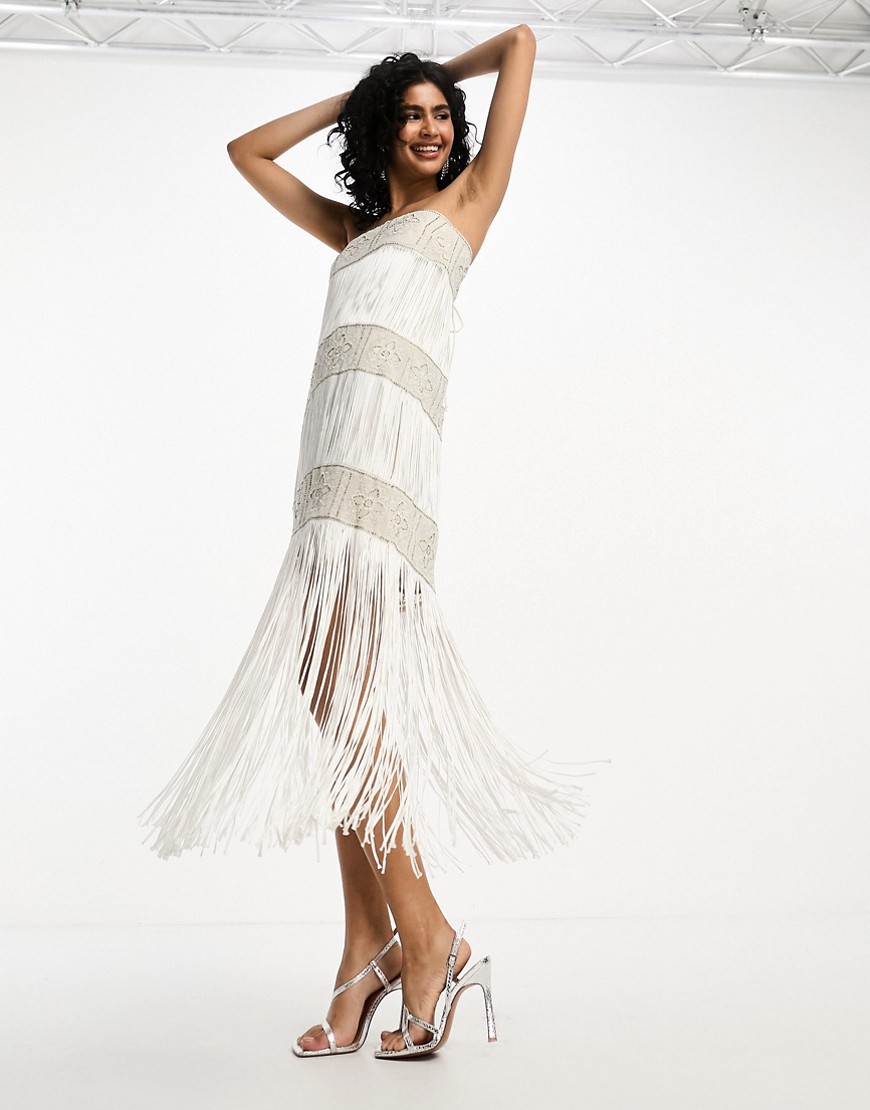 ASOS DESIGN embellished bandeau fringed midi dress in ivory-White