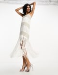 [ASOS DESIGN] ASOS DESIGN embellished bandeau fringed midi dress in ivory-White 10 IVORY