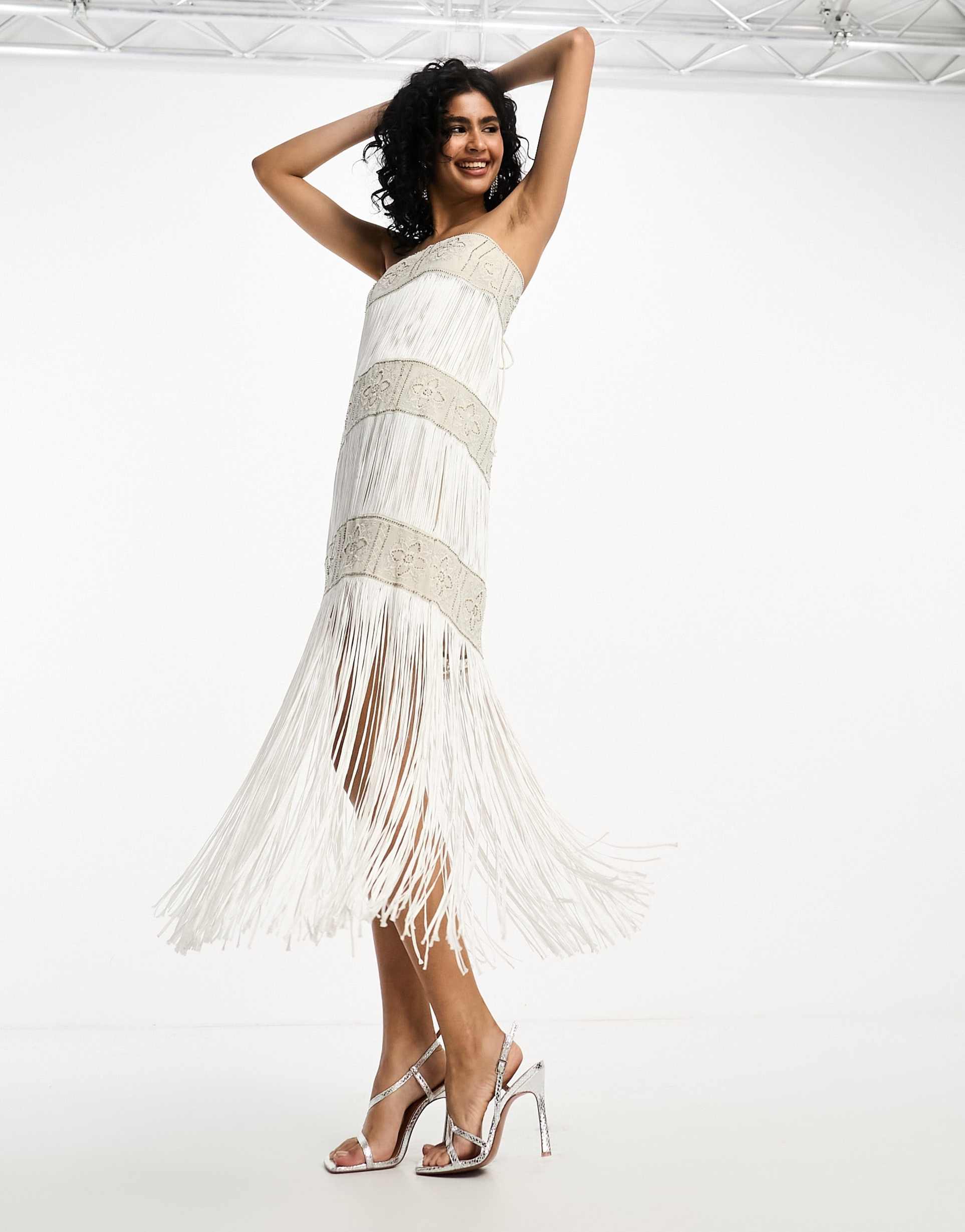 asos design embellished bandeau fringed midi dress in ivory