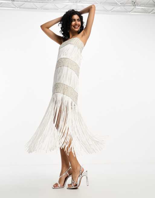 ASOS DESIGN embellished bandeau fringed midi dress in ivory