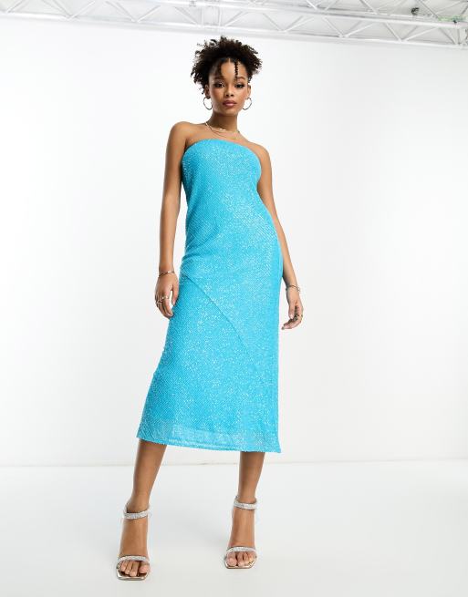 ASOS DESIGN embellished bandeau midi dress in all-over sequin in turquoise