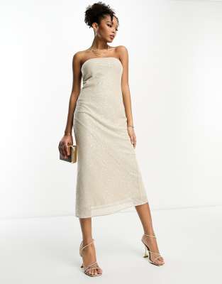 Asos Design Embellished Bandeau Midi Dress In Allover Sequin In Stone-neutral