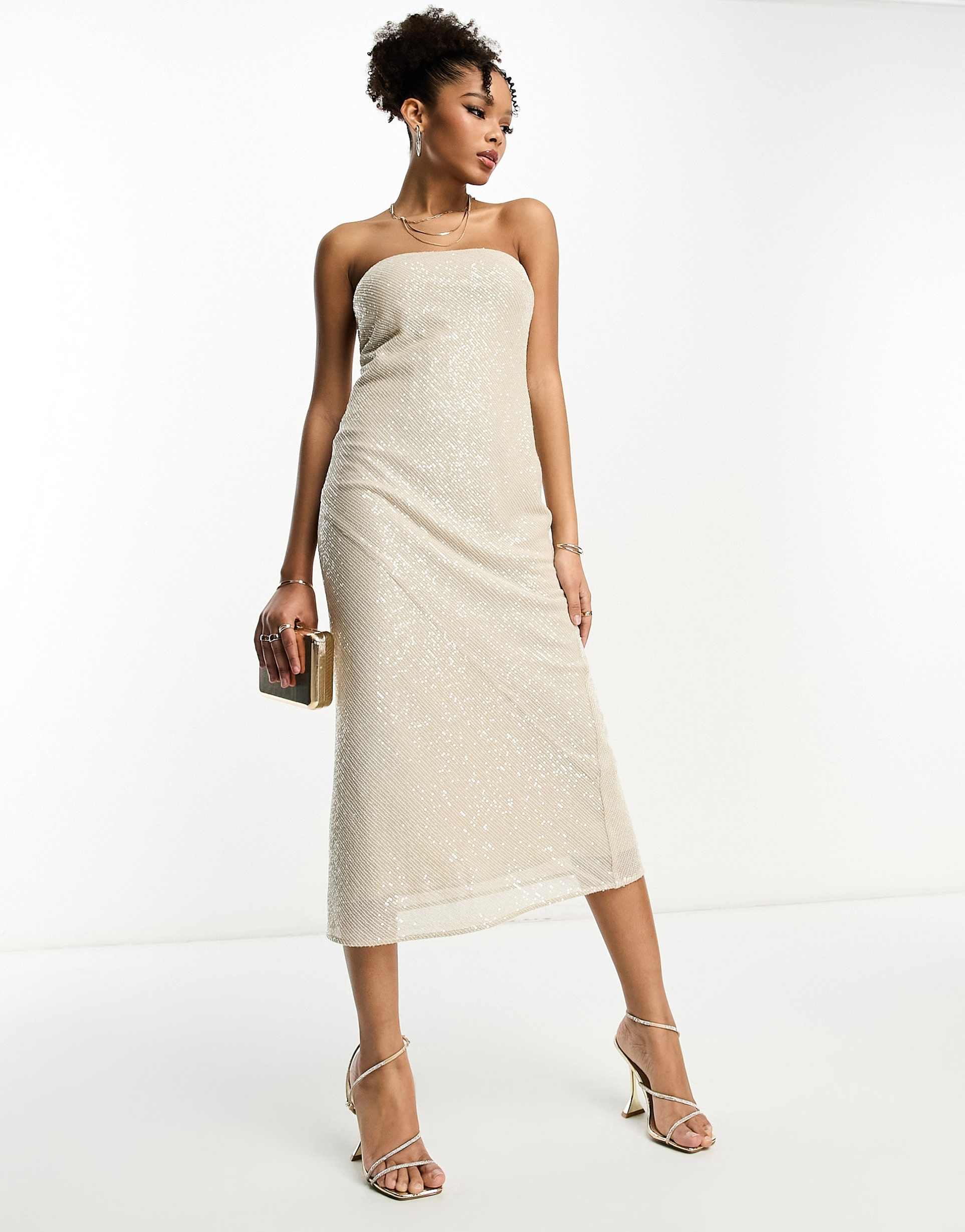 asos design embellished bandeau midi dress in allover sequin in stone