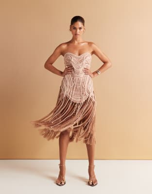 Asos Design Embellished Bandeau Mini Dress With Fringe Hem