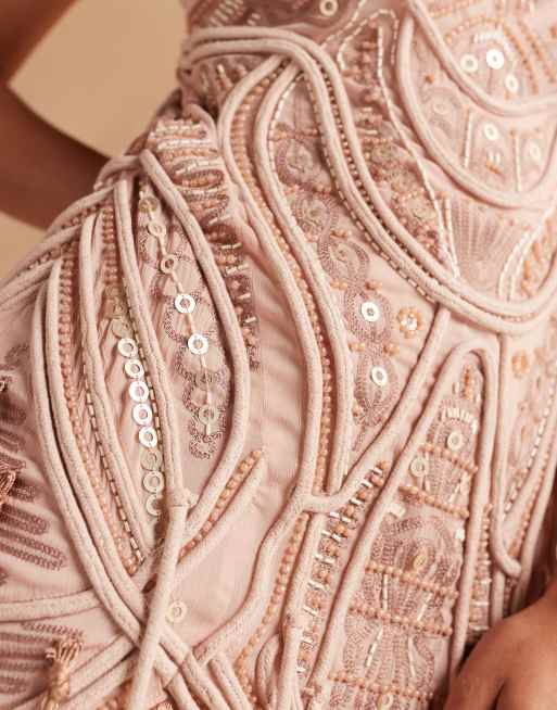ASOS DESIGN embellished bandeau mini dress with fringe hem in golden bronze
