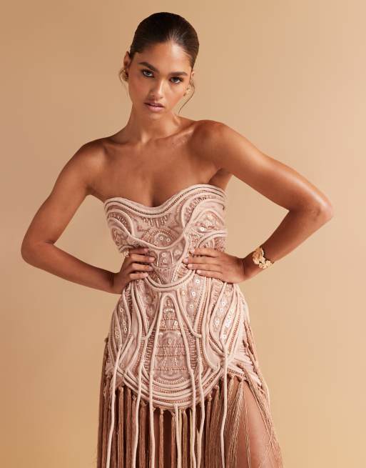 ASOS DESIGN embellished bandeau mini dress with fringe hem in golden bronze