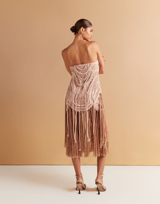 ASOS DESIGN embellished bandeau mini dress with fringe hem in golden bronze