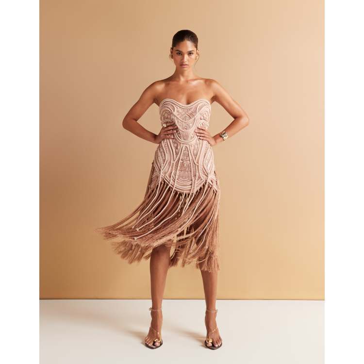 ASOS DESIGN embellished bandeau mini dress with fringing hem in golden  bronze | ASOS