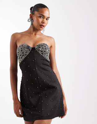 Asos Design Embellished Bandeau Studded Mini Dress In Black