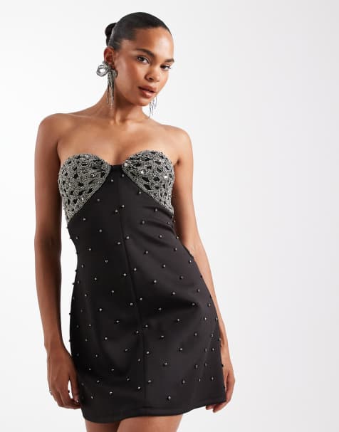 ASOS DESIGN embellished bandeau studded mini dress in black - view 1