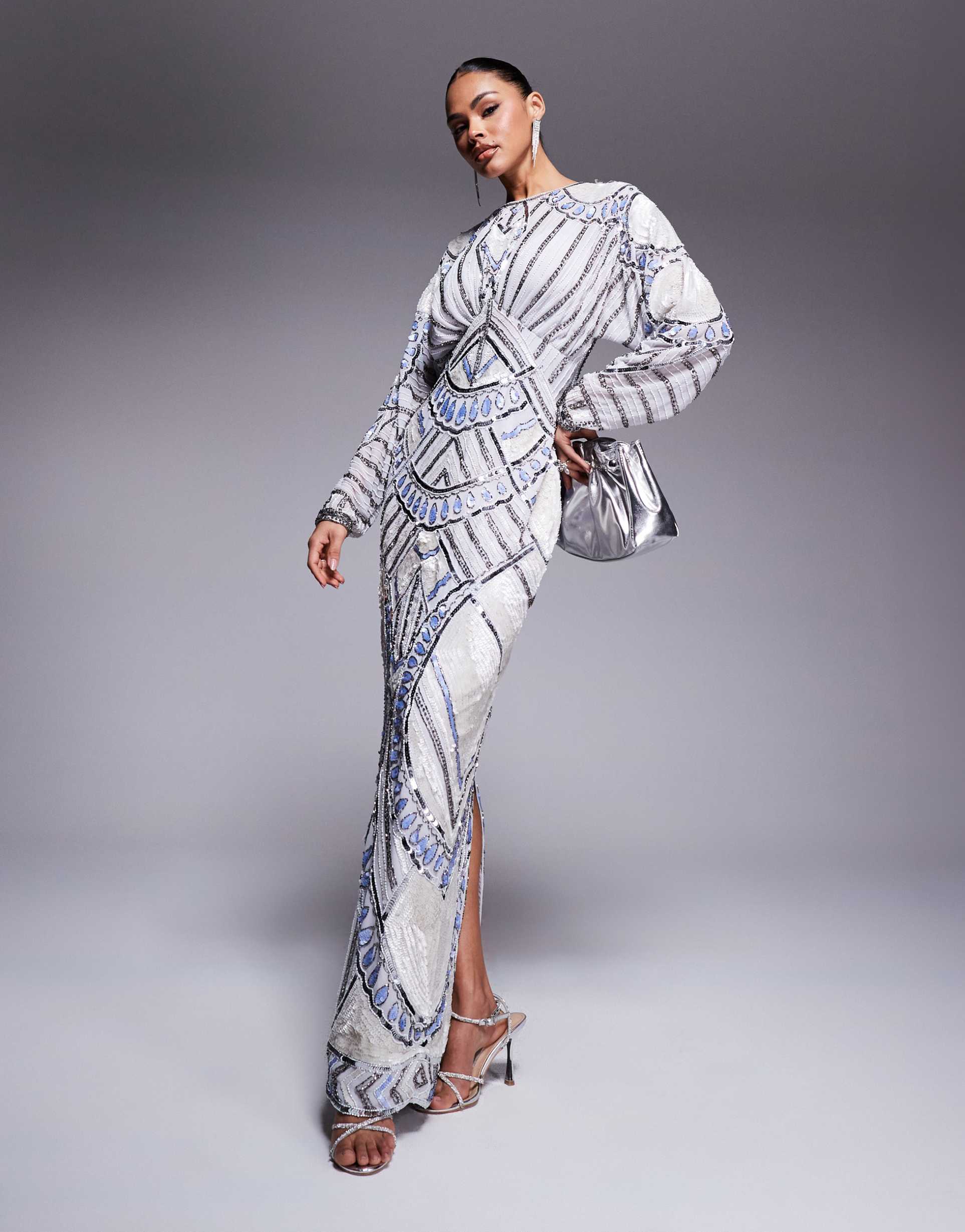 asos design embellished batwing maxi dress in pale blue