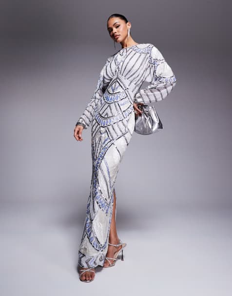 ASOS DESIGN embellished batwing maxi dress in pale blue 