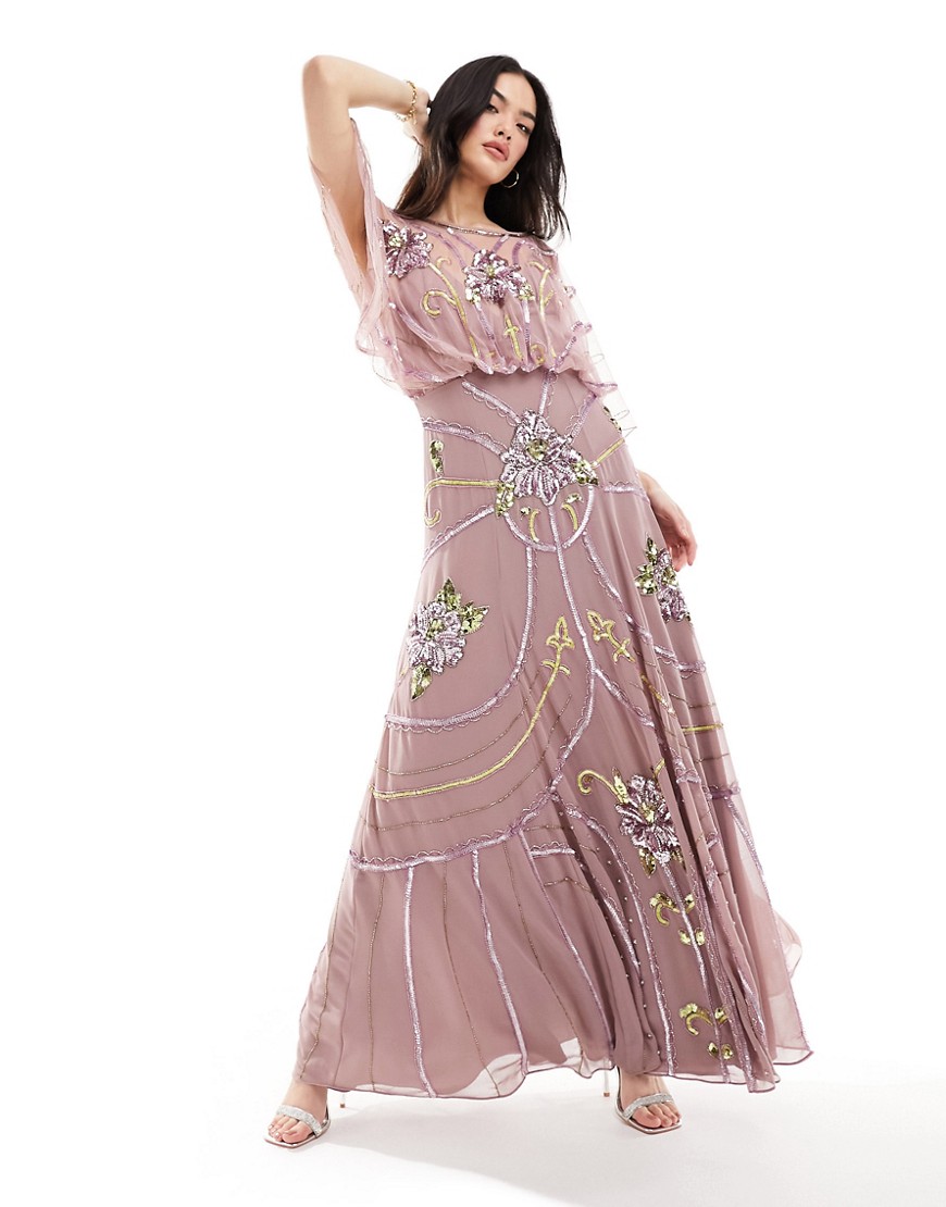 ASOS DESIGN embellished batwing maxi dress with floral artwork in pink