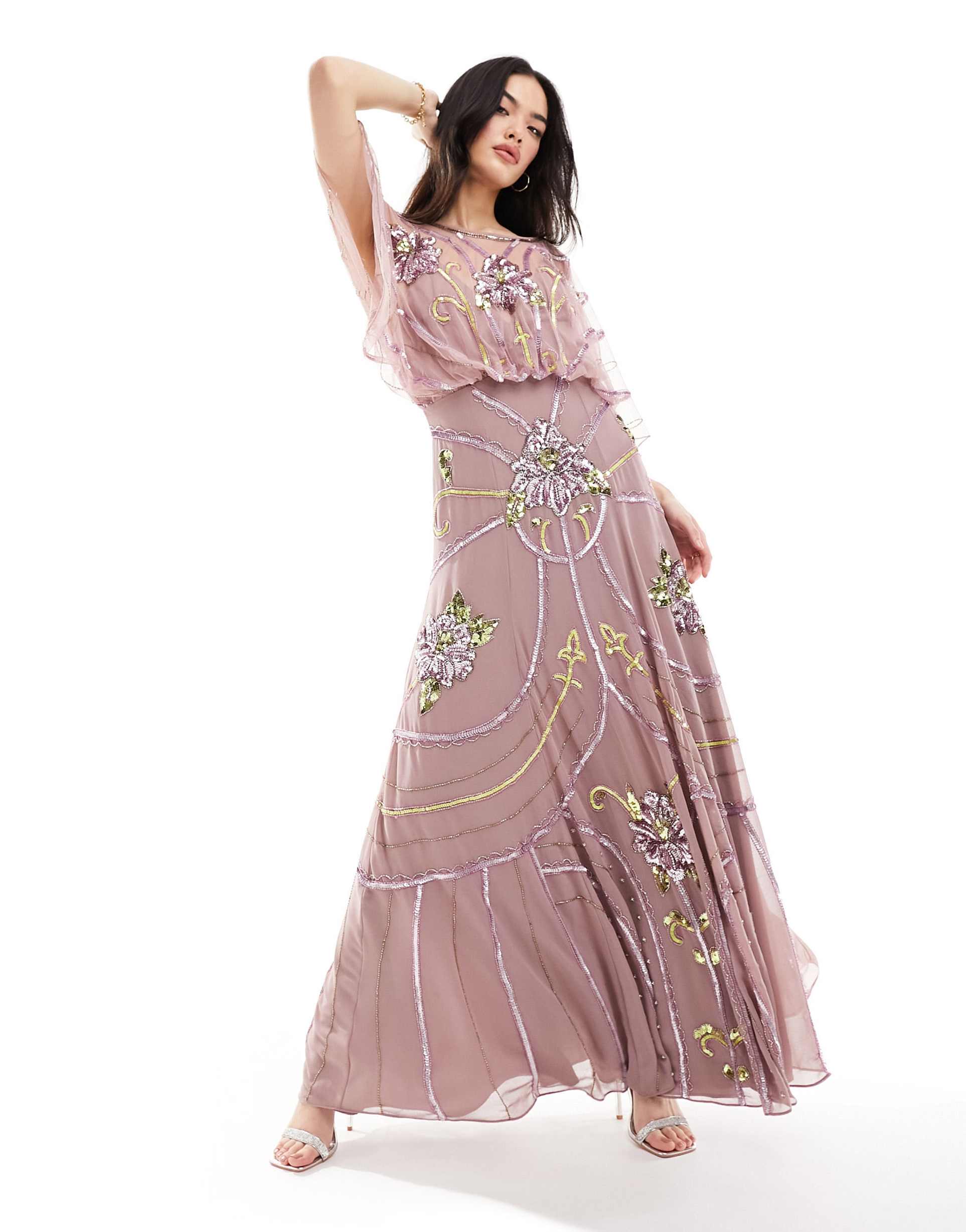 asos design embellished batwing maxi dress with floral artwork in pink