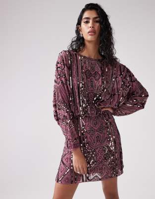 ASOS DESIGN embellished batwing mini dress in mauve