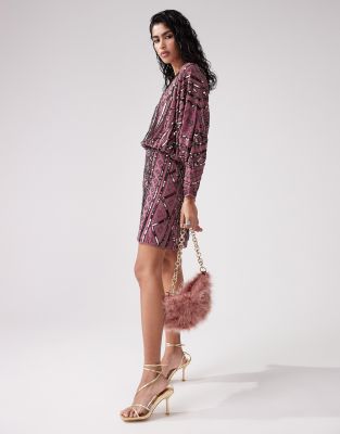 ASOS DESIGN embellished batwing mini dress in mauve | ASOS