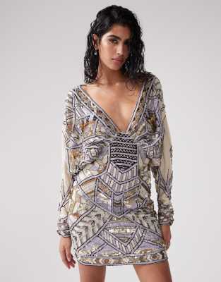 Asos Design Embellished Batwing Mini Dress In Stone-neutral