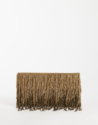 Asos Design Embellished Beaded Fringe Zip Top Clutch In Blue