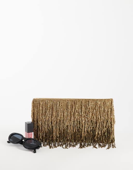 ASOS DESIGN embellished beaded fringe zip top clutch in gold, 2 of 4