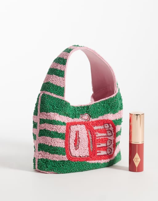 ASOS DESIGN embellished beaded sardine fish grab bag in pink and green stripes, 2 of 4