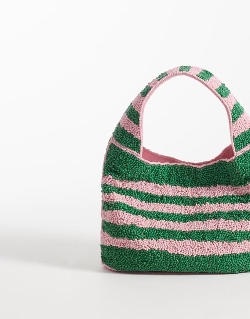 ASOS DESIGN embellished beaded sardine fish grab bag in pink and green stripes, 4 of 4