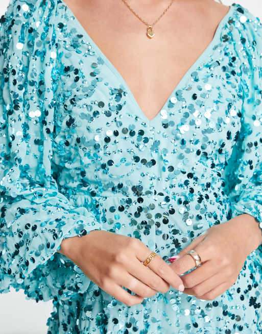 ASOS DESIGN embellished big sleeve wide leg jumpsuit in turquoise