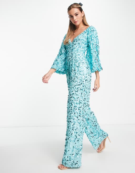 ASOS DESIGN embellished big sleeve wide leg jumpsuit in turquoise