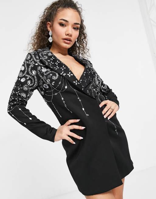 ASOS DESIGN velvet embellished mini blazer dress in black and silver sequin