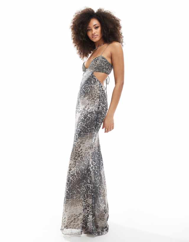 ASOS DESIGN - embellished bodice maxi dress with open back in grey animal print