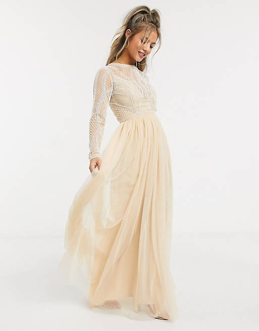 Women embellished bodice maxi dress with tulle skirt in soft beige 