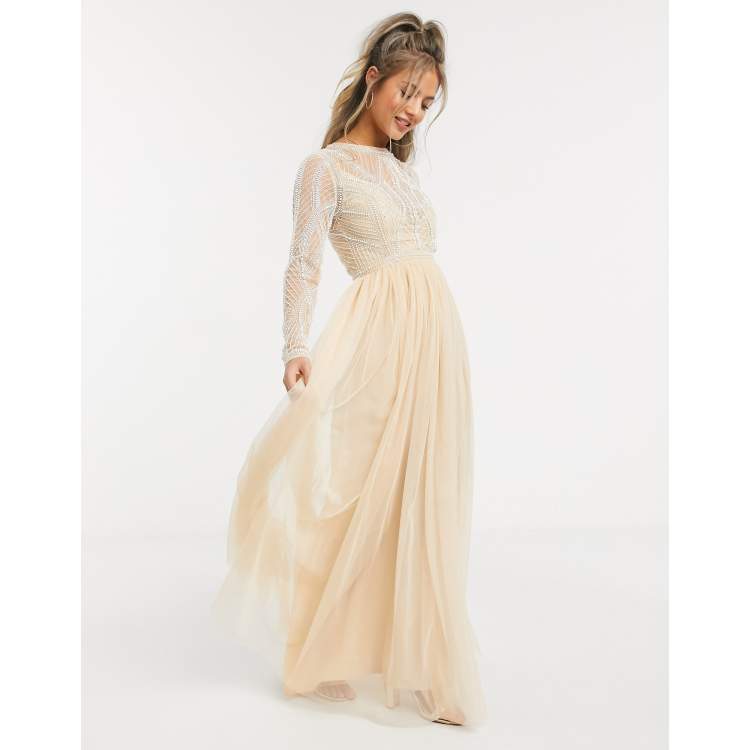 ASOS DESIGN embellished bodice maxi dress with tulle skirt in soft beige