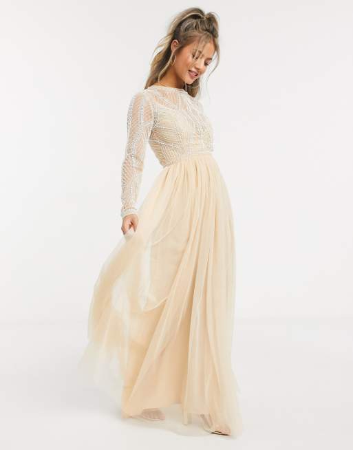 Asos Design Embellished Bodice Maxi Dress With Tulle Skirt In Soft Beige Asos 5492