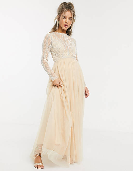 Women embellished bodice maxi dress with tulle skirt in soft beige 