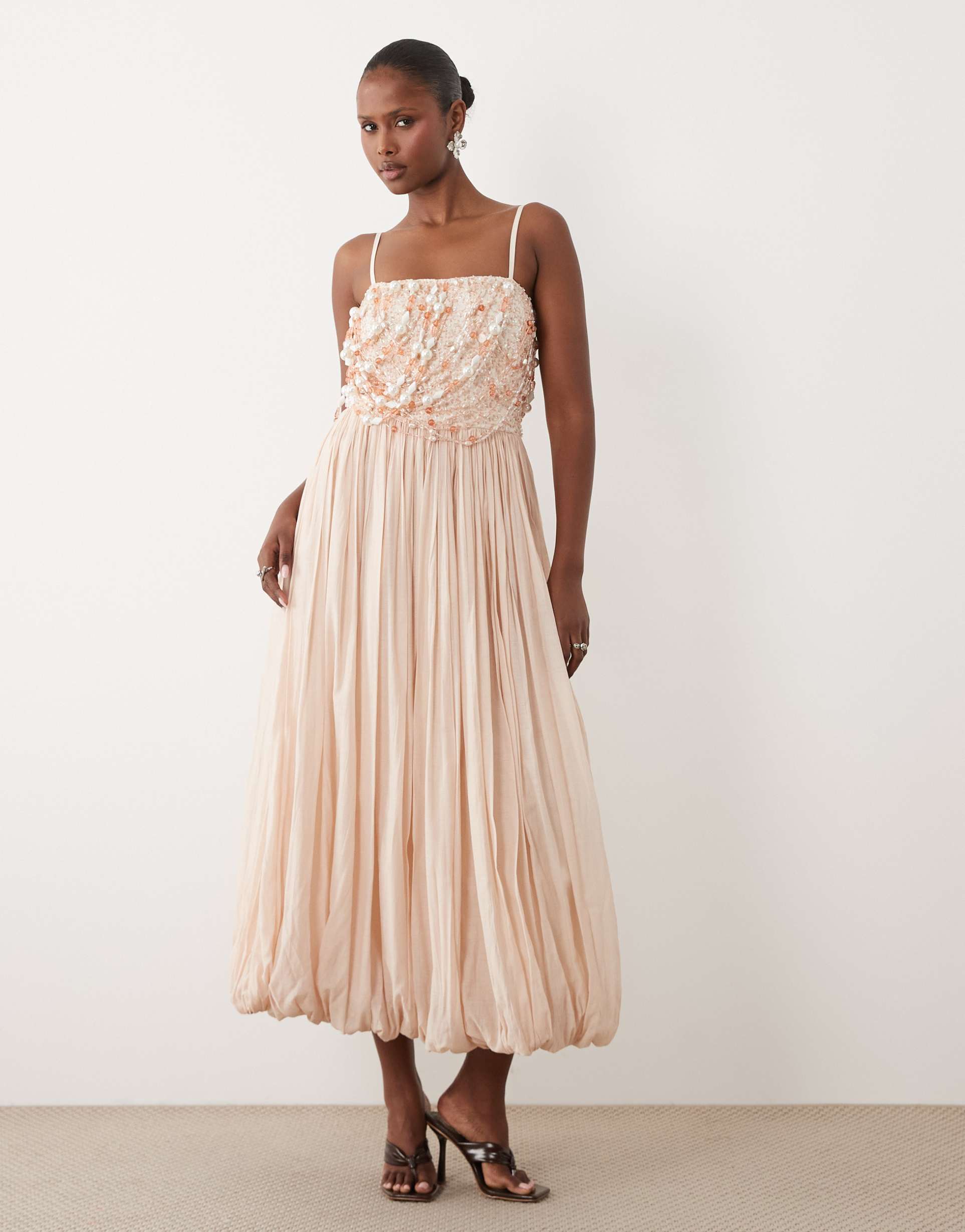 asos design embellished bodice midaxi dress with bubble skirt in soft pink