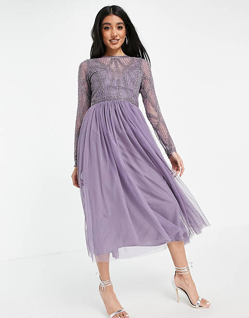 ASOS DESIGN embellished bodice midi dress with tulle skirt in Purple
