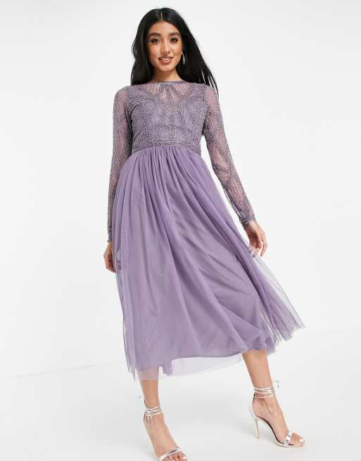 ASOS DESIGN embellished bodice midi dress with tulle skirt in Purple | ASOS