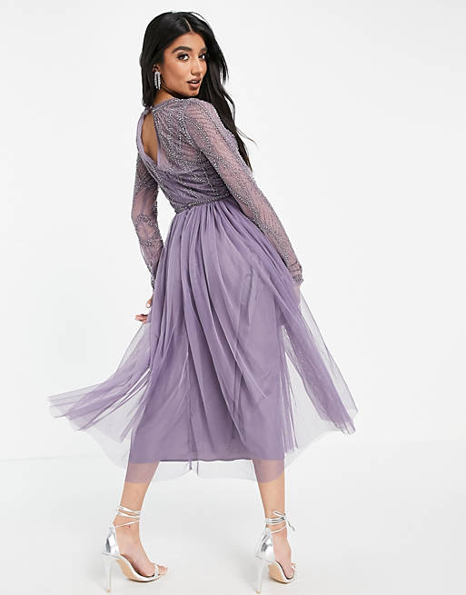 Women embellished bodice midi dress with tulle skirt in Purple 