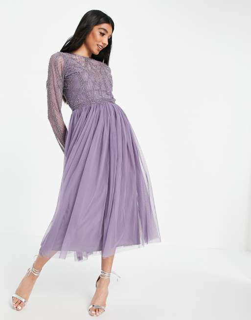 ASOS DESIGN embellished bodice midi dress with tulle skirt in Purple ASOS