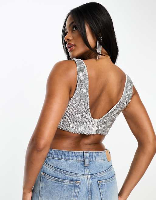 Miss Selfridge Premium embellished bralette in silver animal