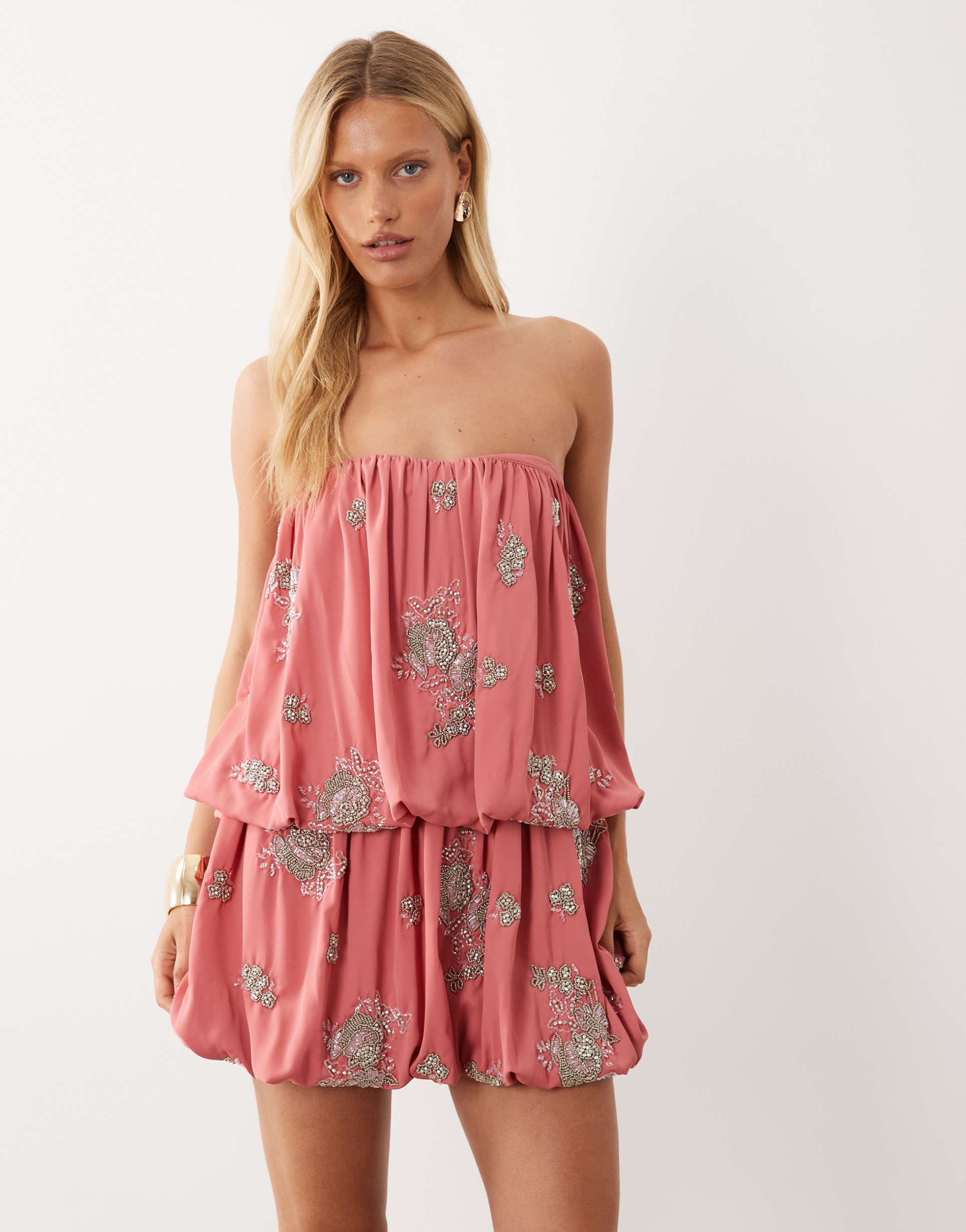asos design embellished bubble layered mini dress in pink