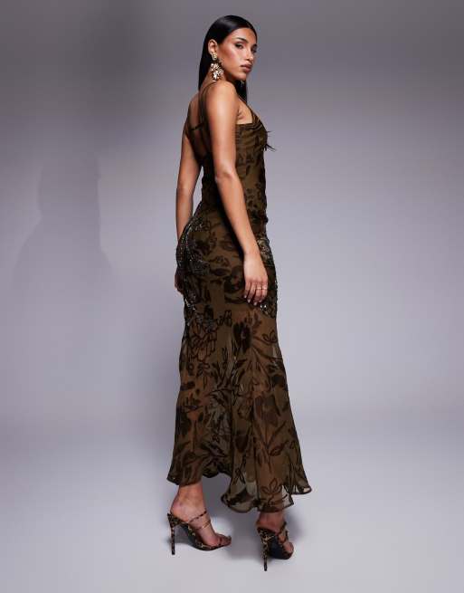 ASOS DESIGN embellished burnout double strap maxi dress with thigh split in khaki